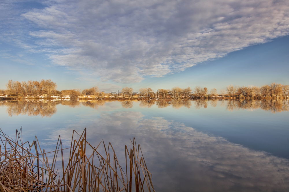 Similar – Tranquil, calm Rhine river scene with arched bridge