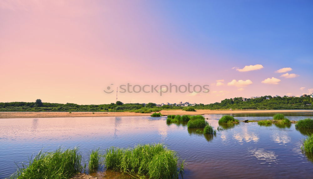 Similar – Tranquil, calm Rhine river scene with arched bridge