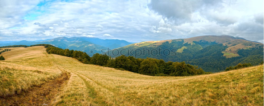 Similar – Image, Stock Photo autumn panorama in mountain hills. Village in October valley