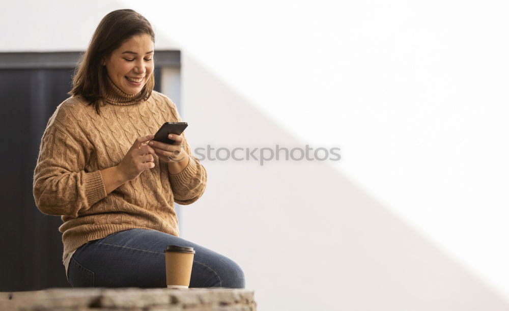 Similar – Image, Stock Photo Caucasian happy woman standing in living room using mobil phone