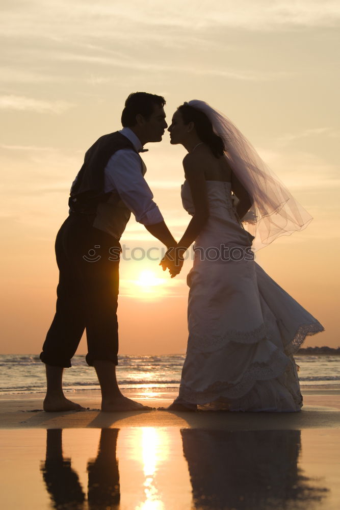 Similar – Image, Stock Photo Beautiful bridal couple posing on shore