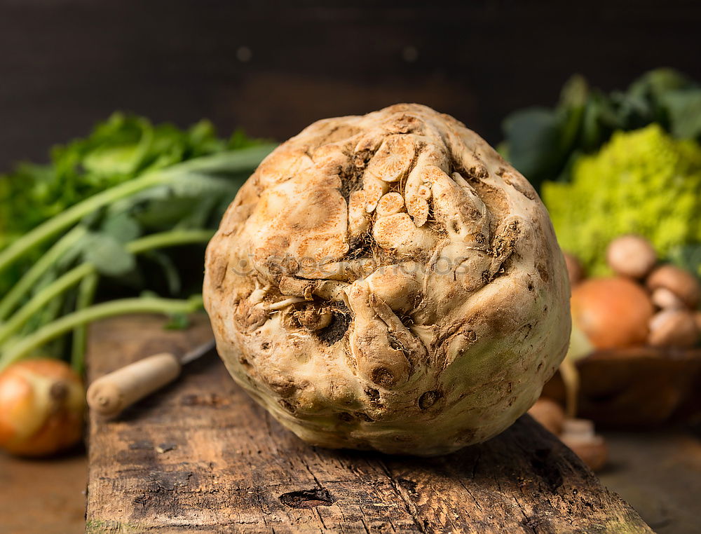 Image, Stock Photo Celery tuber on old wooden table