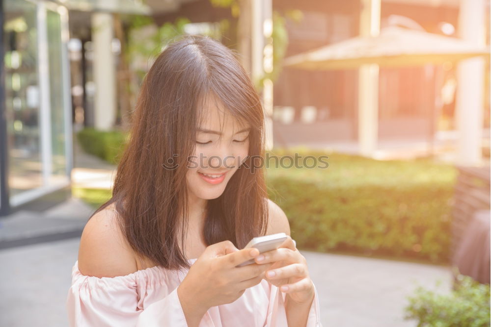 Similar – Image, Stock Photo Blonde young woman chatting outdoors