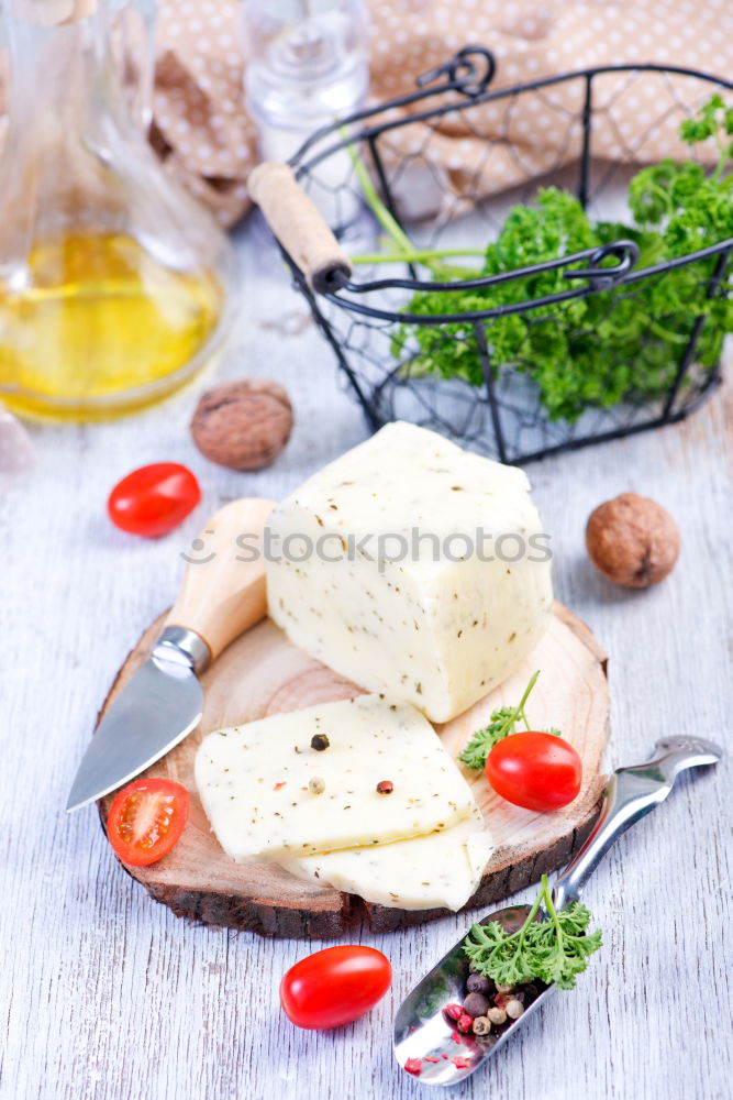 Similar – Image, Stock Photo Italian cheese burrata with bread, vegetables and herbs