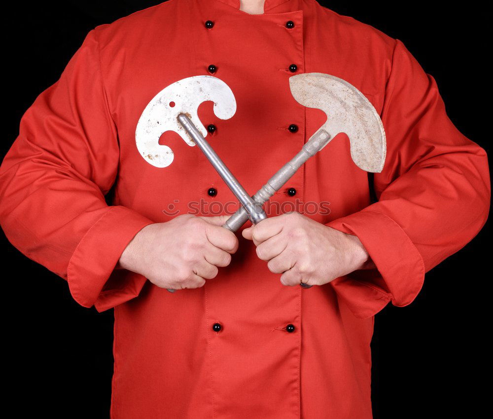 chef in red uniform holding a blank notebook