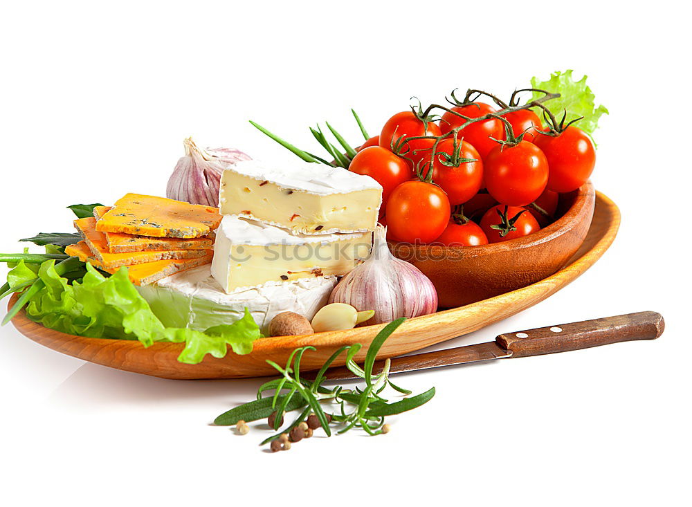 Similar – Image, Stock Photo Italian cheese burrata with bread, vegetables and herbs