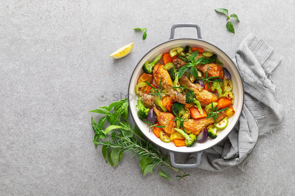 Image, Stock Photo Pan with gnocchi, spinach and vegetables