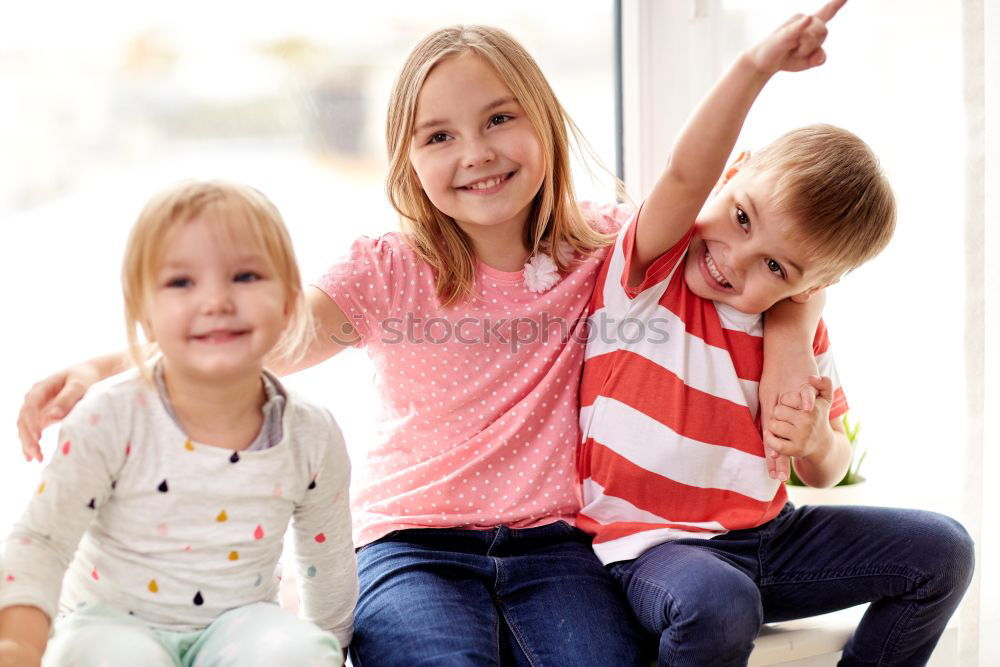 Similar – Image, Stock Photo Three happy children playing in the park at the day time. Concept Brother And Sister Together Forever