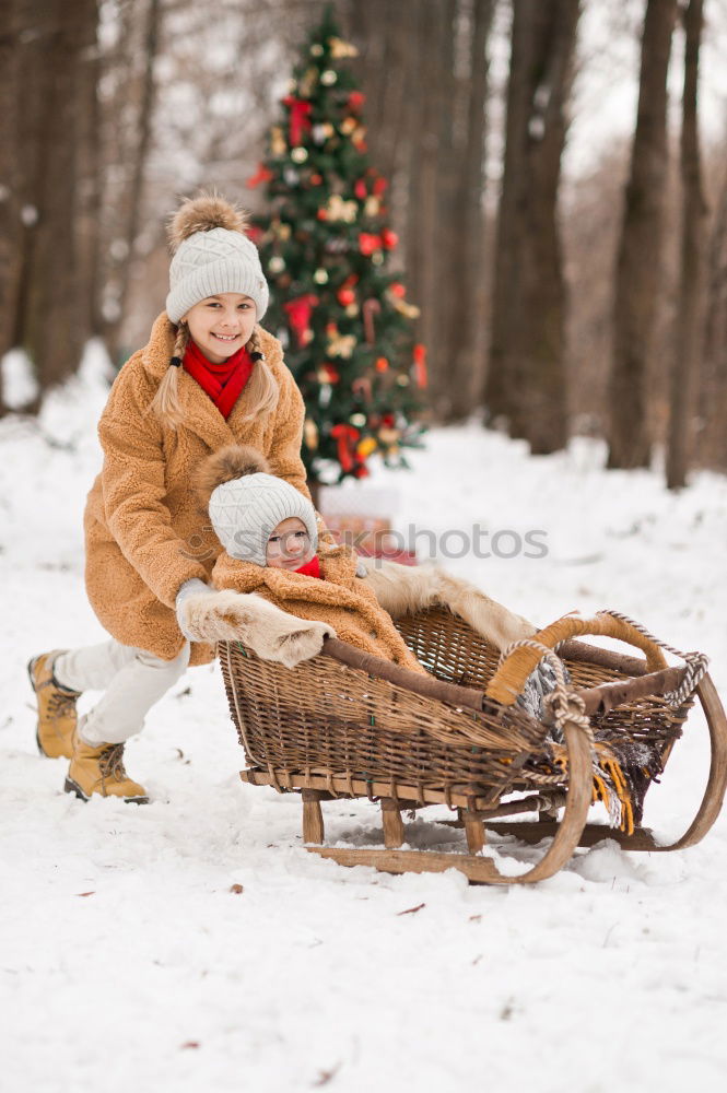 Similar – A woman pulls a sled through the snow. Winter atmosphere.