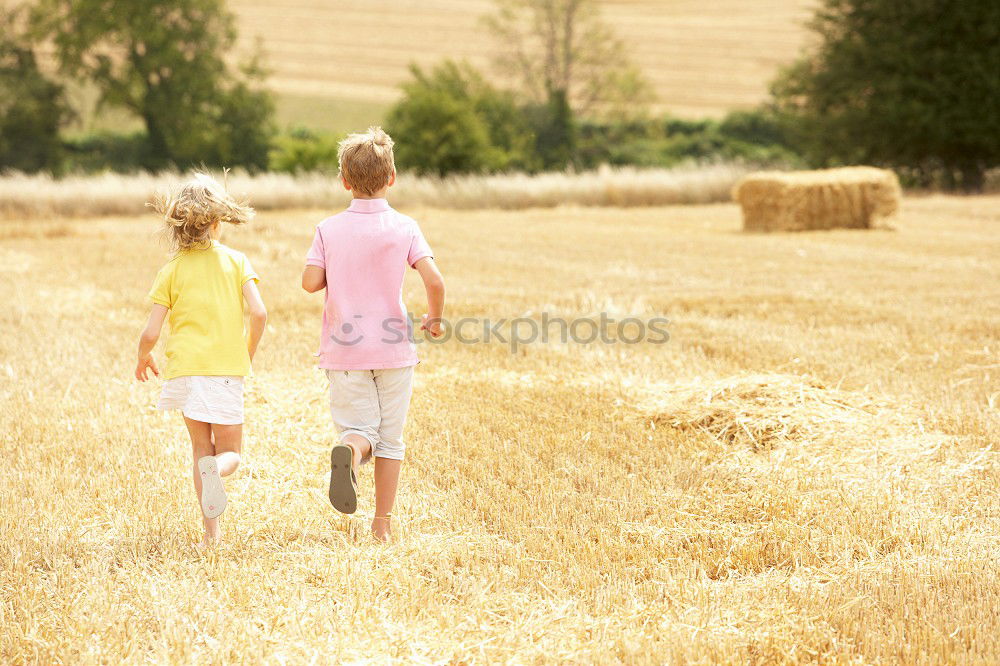 Similar – Brothers playing in the field.Children take pictures in the straw field