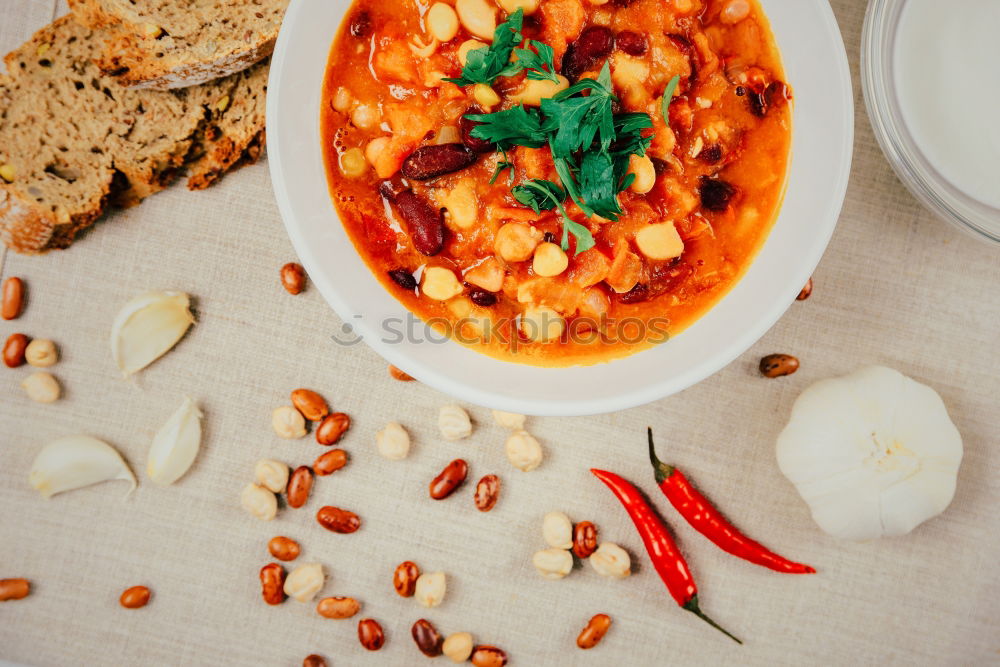 Image, Stock Photo Chili Beans Stew, Bread Ready To Be Served