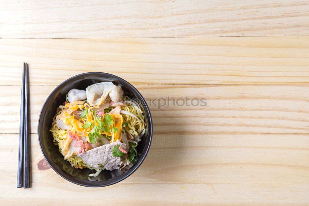 Image, Stock Photo Modern sustainable food delivery with eco friendly packaging and cutlery. Healthy Asian take away food : salad bowl with salmon on grey concrete kitchen table. Top view.