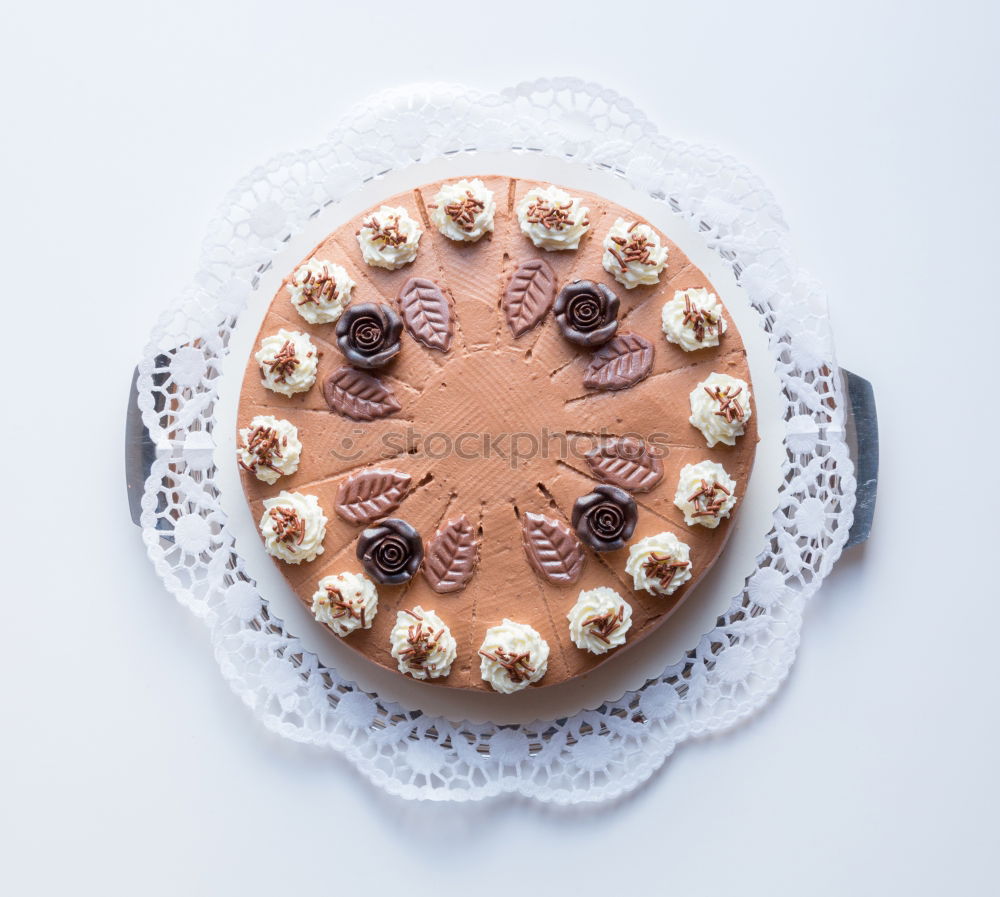 Image, Stock Photo Chocolate cream cake on blue wood with cake lace