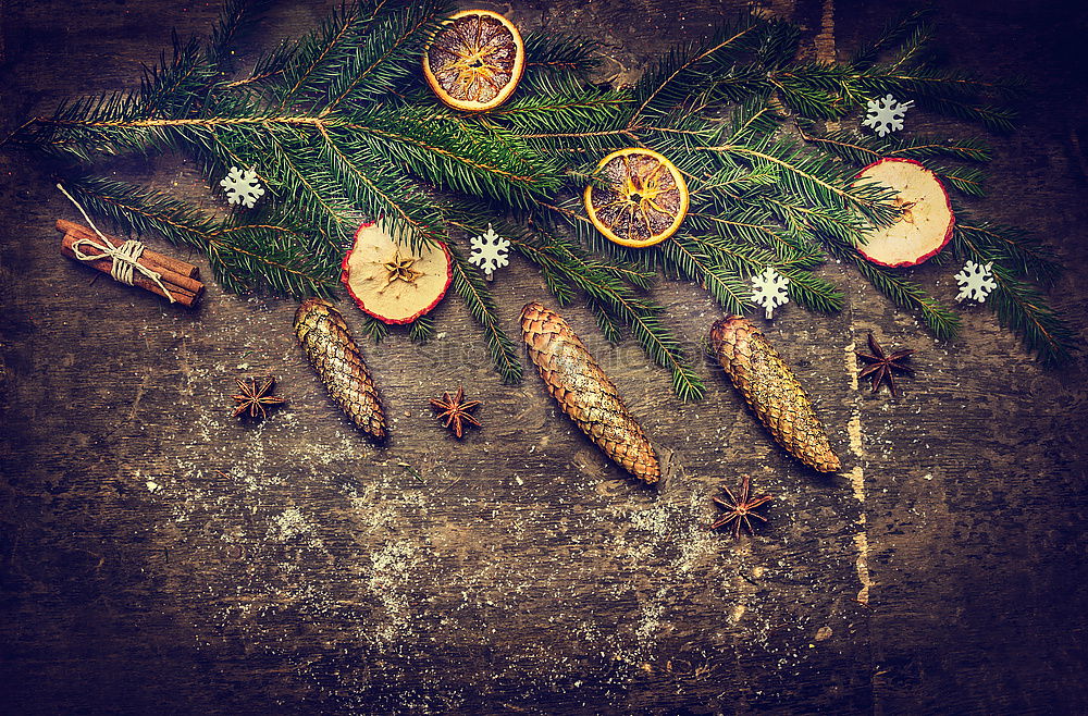 Image, Stock Photo Christmas card with fir and cone on rustic wood