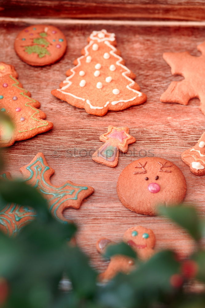 Similar – Image, Stock Photo Christmas cookies decorated with frosting on wooden board