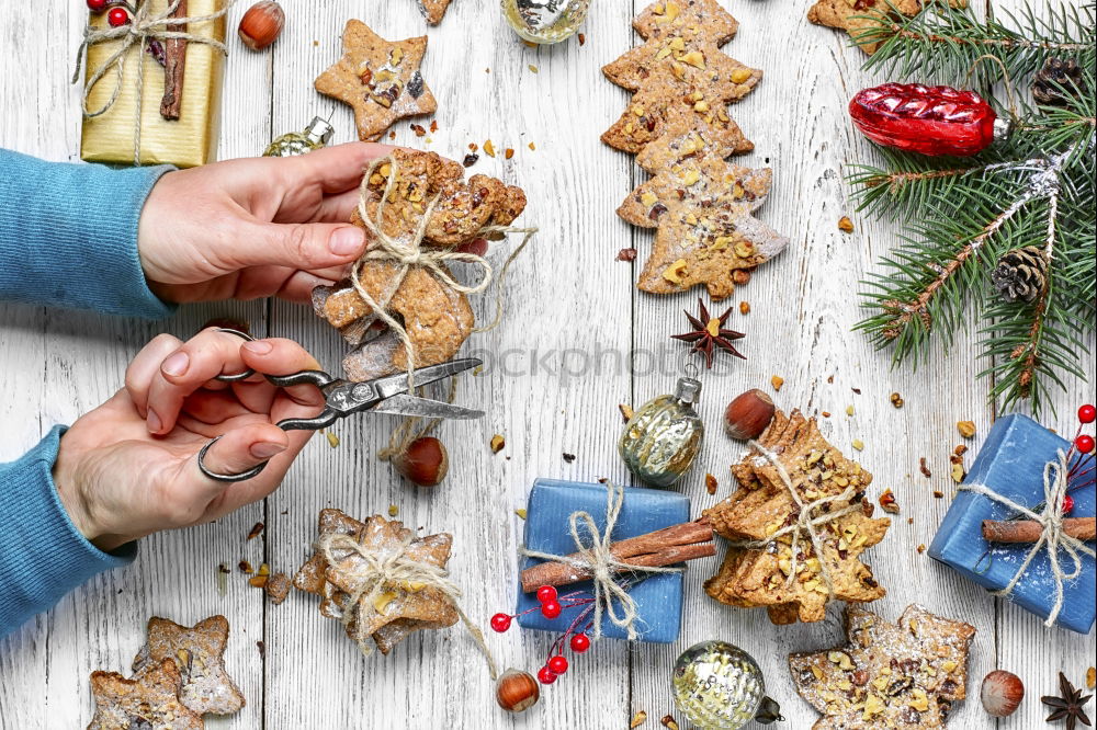 Similar – Image, Stock Photo Making Christmas ball pinning the sequins onto the ball