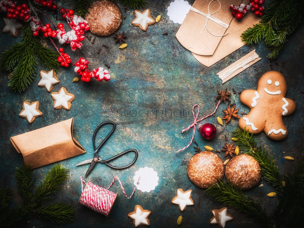 Similar – Image, Stock Photo Santa hat and decoration on a dark wooden table