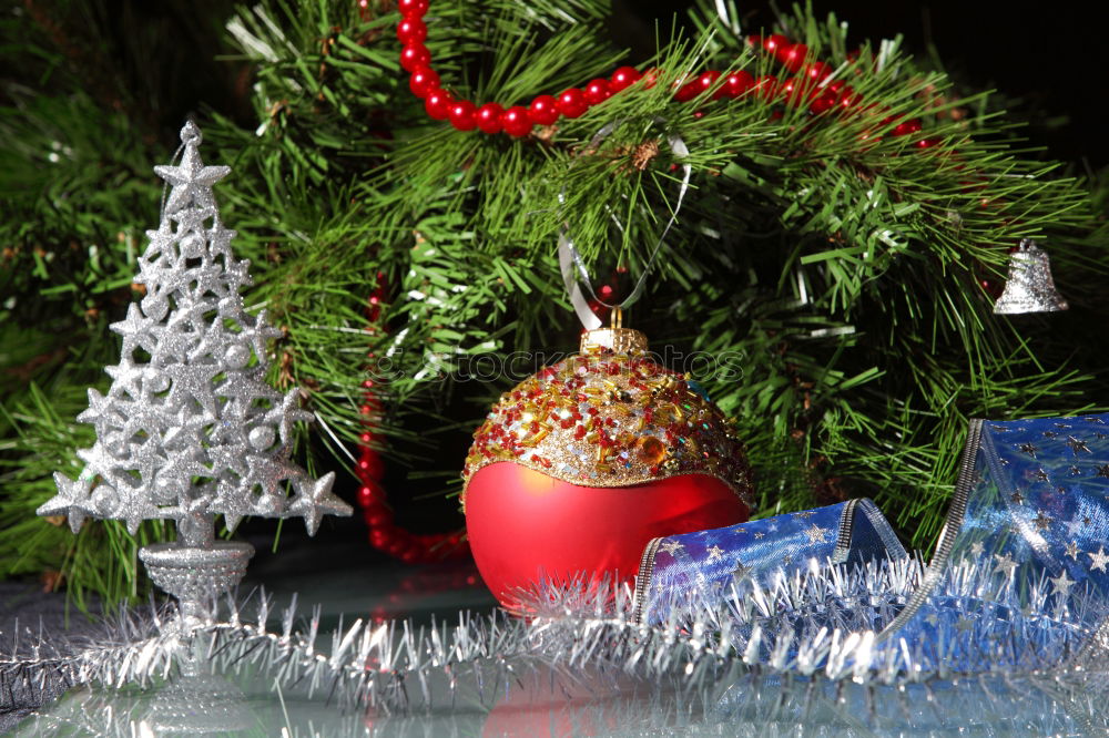 Similar – Image, Stock Photo Nostalgic Christmas decoration with delicate fir branches, red bauble and vases on an old table. Red christmas bauble hangs shiny on twigs. Glowing Christmas bauble hanging from branches in old white nostalgic porcelain pots at home.