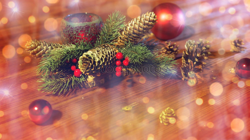 Similar – Decorated Christmas tree with burning candle and Christmas tree balls in the living room in retro colouring