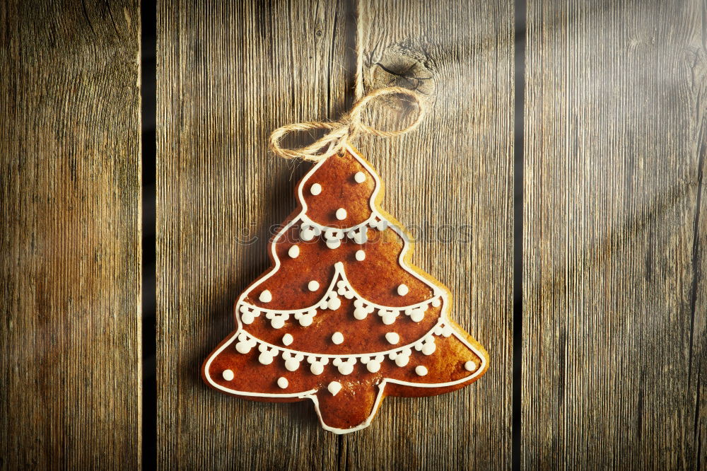 Image, Stock Photo Yellow cookies lying on the table with Christmas tree and gifts