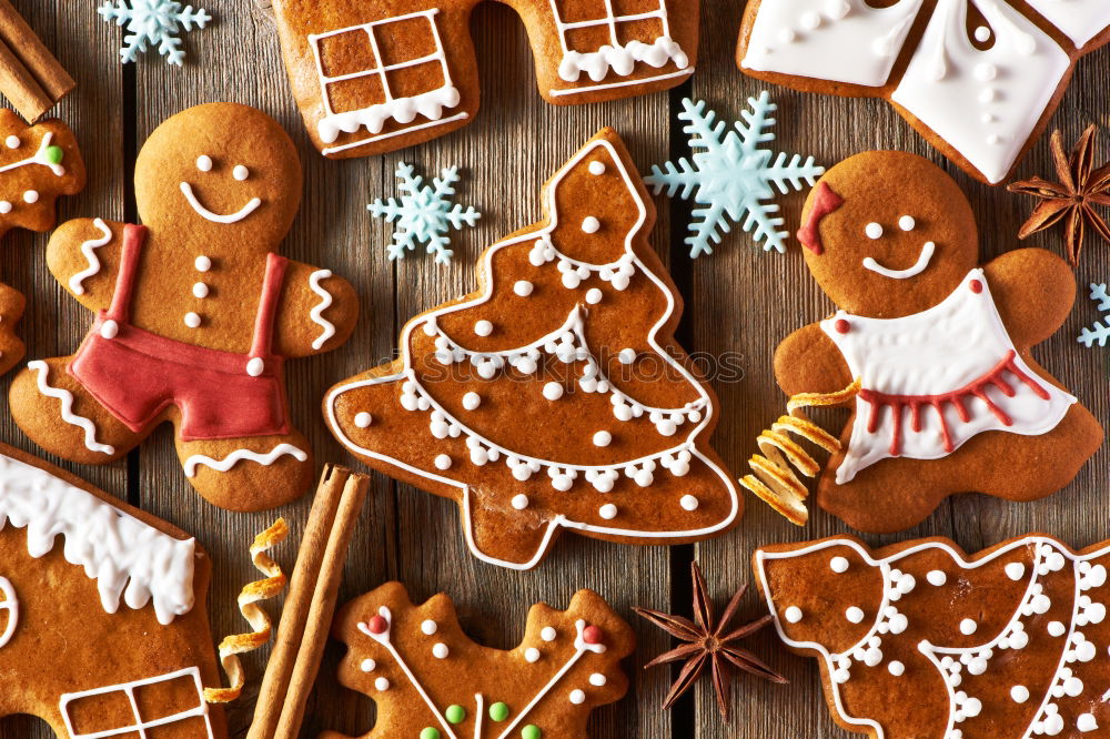 Similar – Image, Stock Photo Christmas cookies decorated with frosting on wooden board