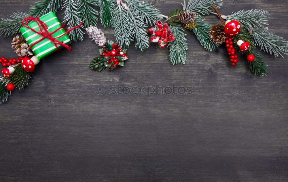 Similar – Image, Stock Photo Christmas or New Year background with copy space. Christmas decorations on dark background, top view