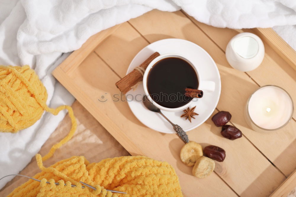 Similar – Image, Stock Photo Flatlay of wooden tray with cup of coffee, peaches, creamer