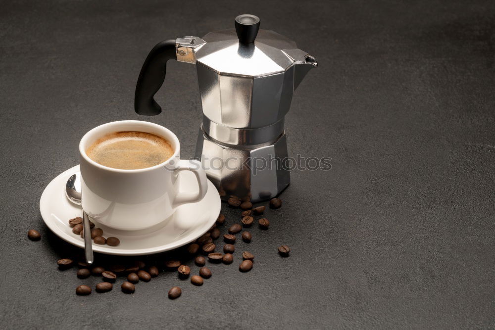 Similar – Glass coffeepot, white porcelain filter, light brown filter paper and dark brown continuous bubble forming coffee, apple, egg in wooden egg cup, white cup, corn waffles, white table in front of grey wall in the morning light.