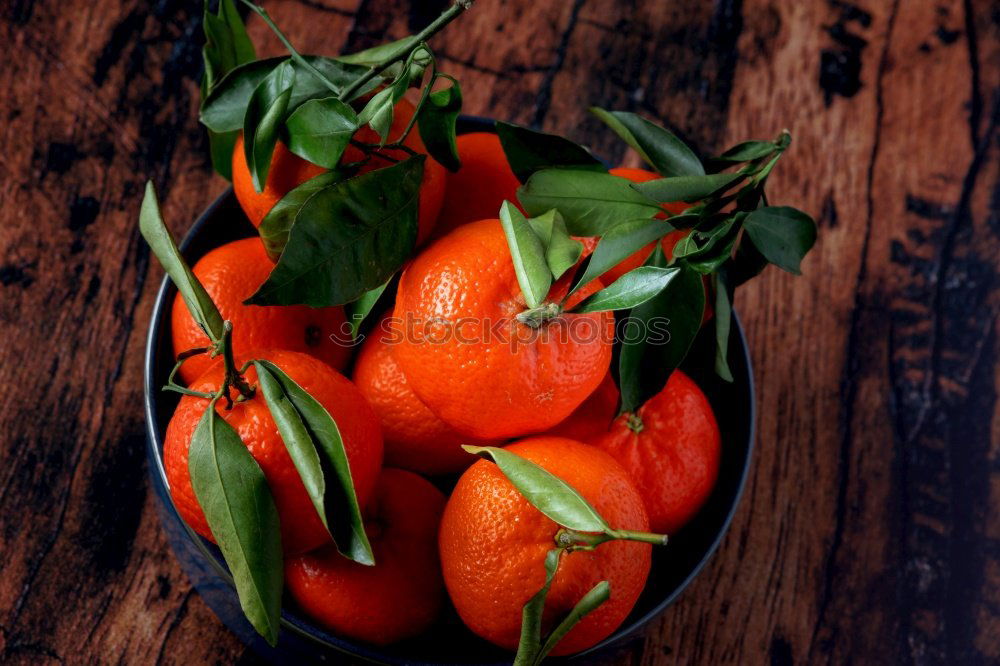 Image, Stock Photo Fresh mandarins with leaves on dark background