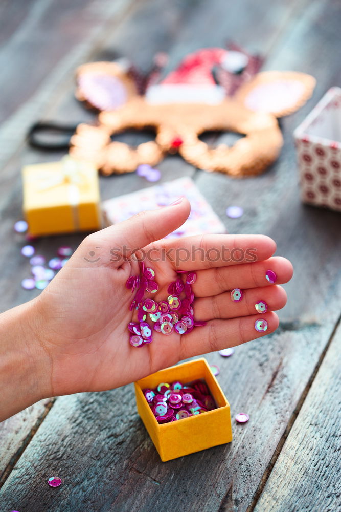 Image, Stock Photo Decorating Christmas reindeer mask with sequins DIY ideas