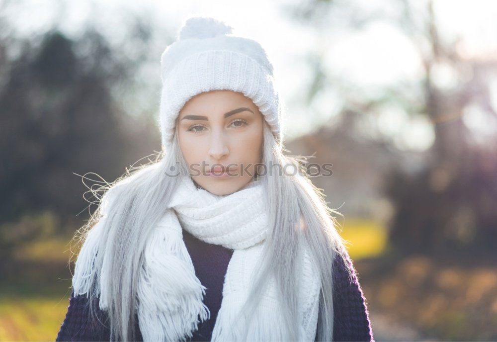 Image, Stock Photo Young girl with closed eyes wearing hat and scarf