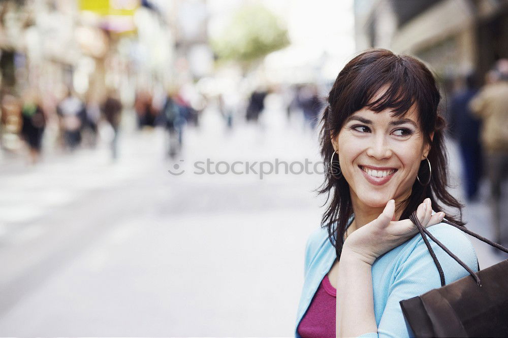 Similar – Image, Stock Photo Smiling young woman recording voice note in her smart phone