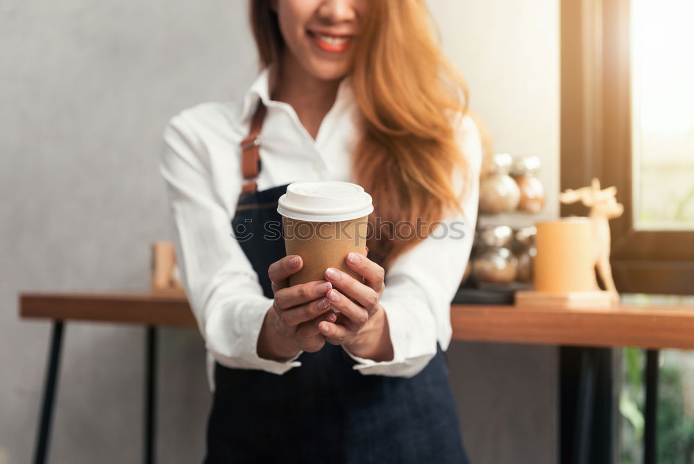 Similar – Image, Stock Photo Smiling blond woman sitting in a bar with a cappuccino