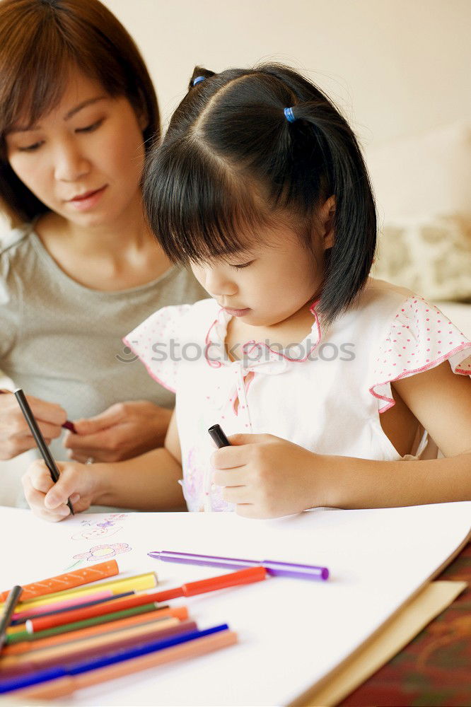 Similar – Image, Stock Photo Mom with little daughter drawing the colorful pictures