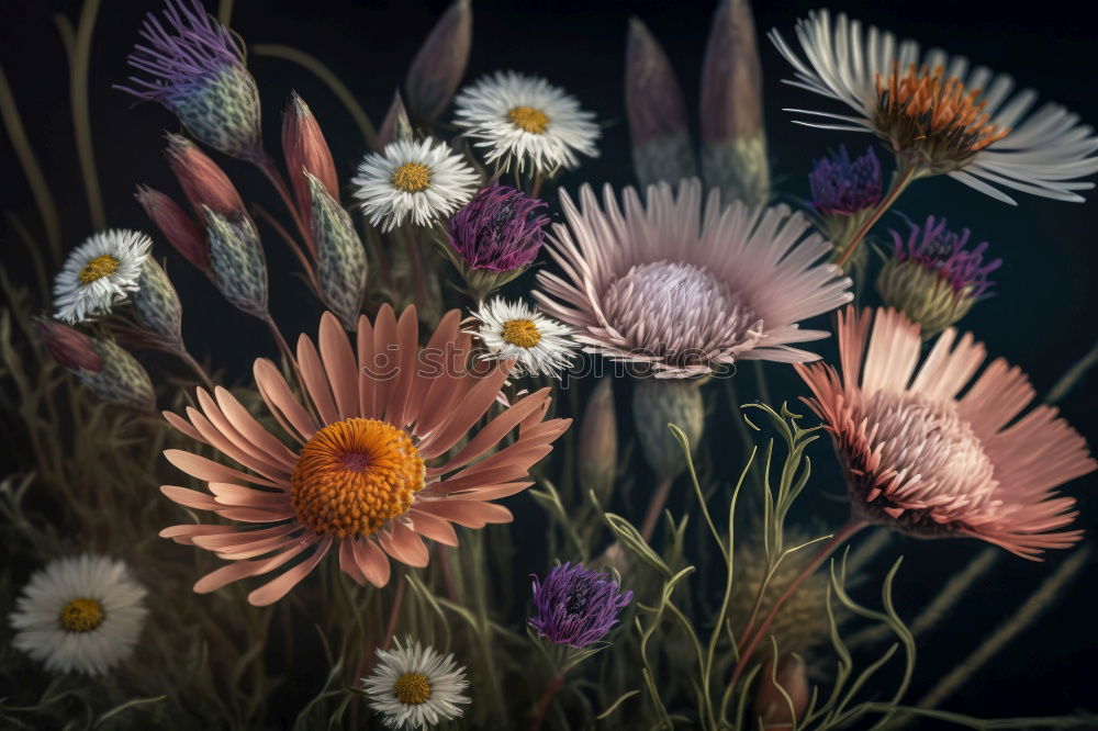 Similar – Autumn flower composing on dark background