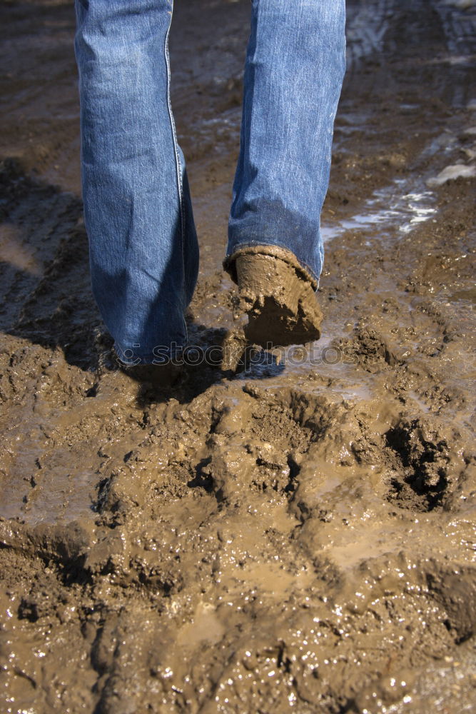 Similar – Legs in red trousers and green rubber boots jumping in a muddy puddle, so that the mud flies up