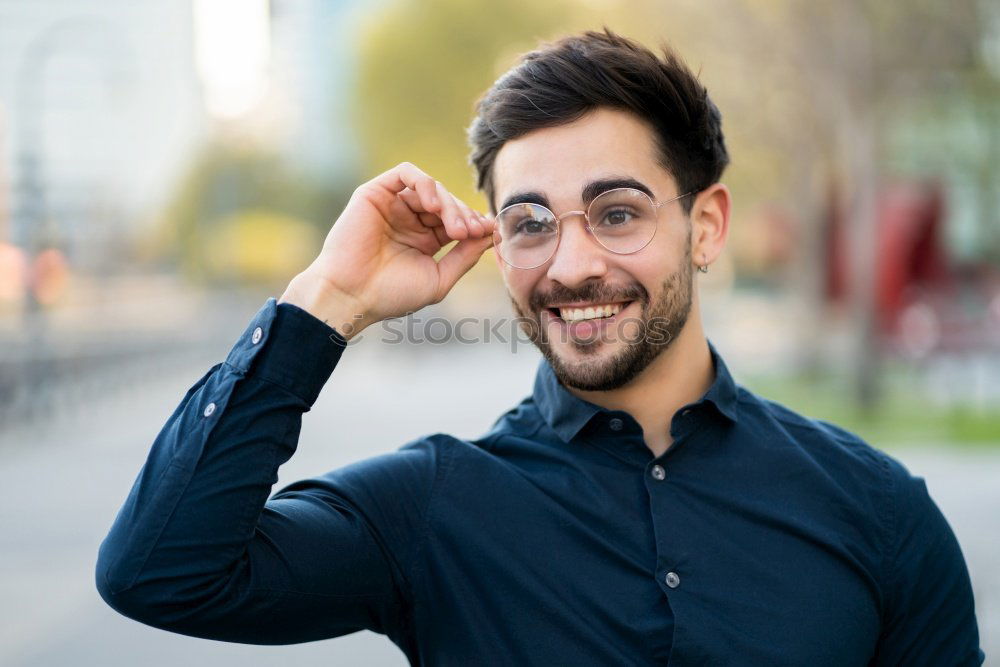 Similar – Image, Stock Photo Young bearded man on blinds with arms crossed