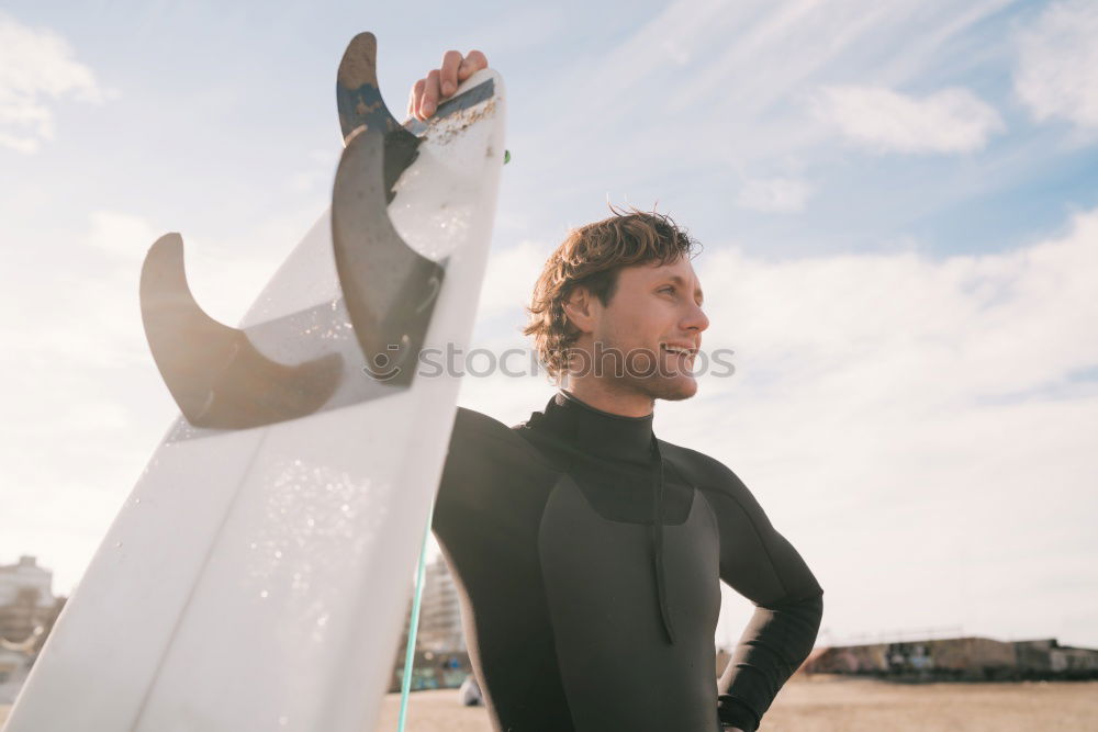 Similar – Image, Stock Photo Man in respirator measuring surf board in workshop
