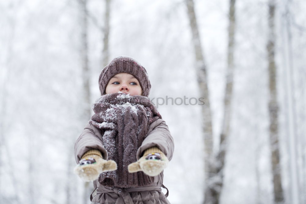 Similar – Image, Stock Photo Little girl enjoying winter walking through deep snow. Toddler is playing outdoors while snow falling. Child is wearing dark blue snowsuit and wool cap