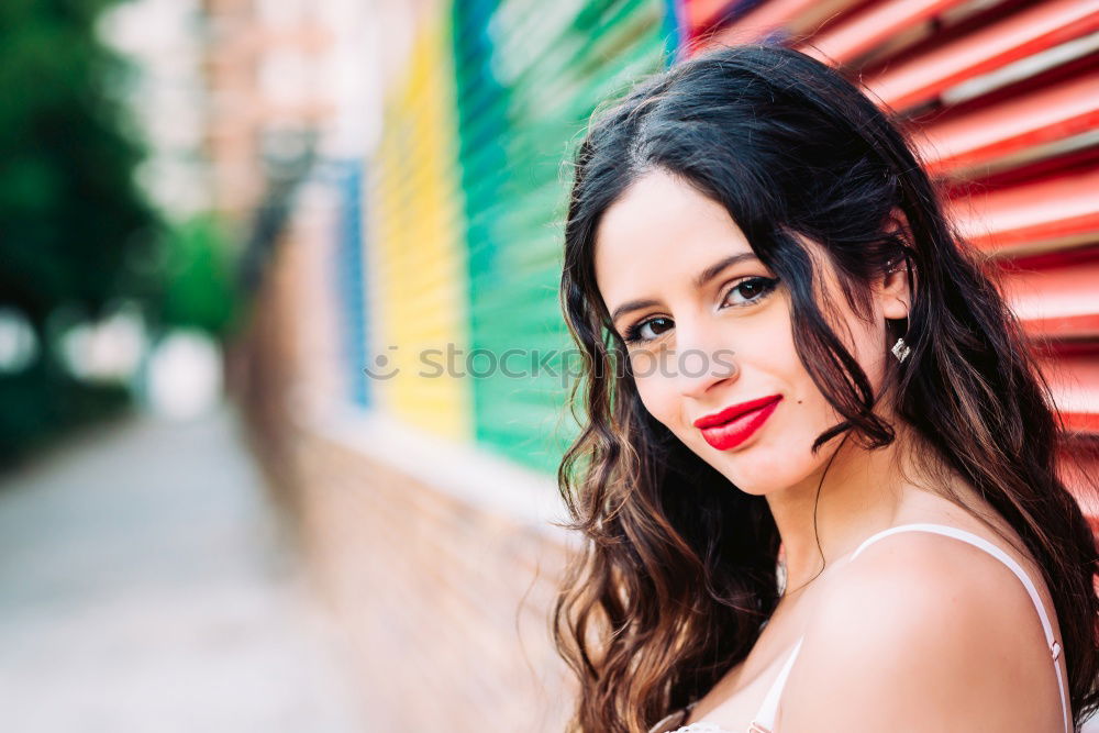 Image, Stock Photo Woman in red coat with mobile phone in hands, smartphone, urban scene