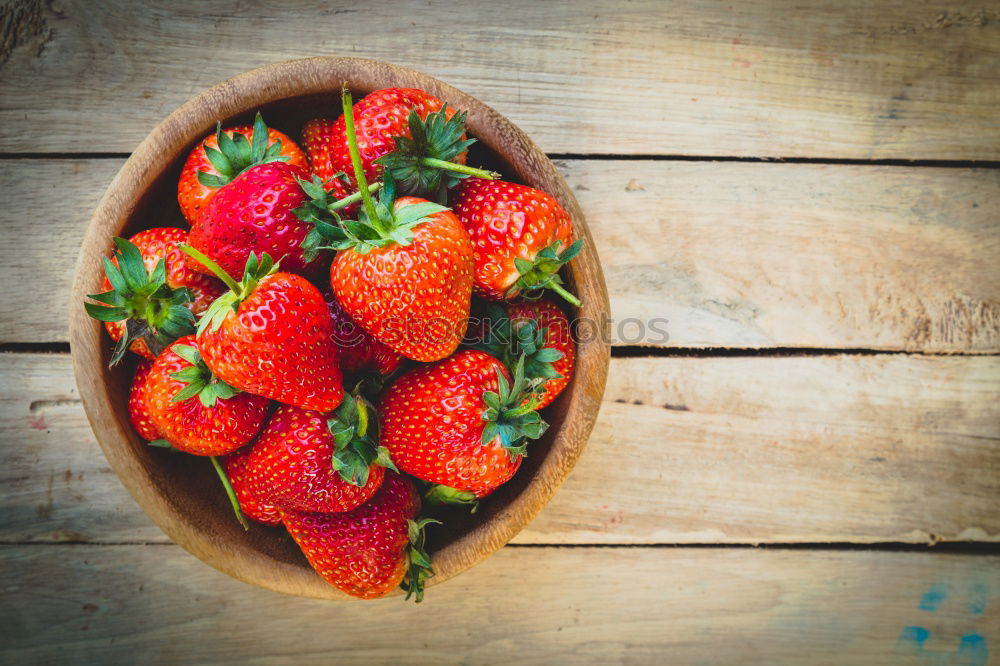 Image, Stock Photo Three small buckets of strawberry on old vintage wood