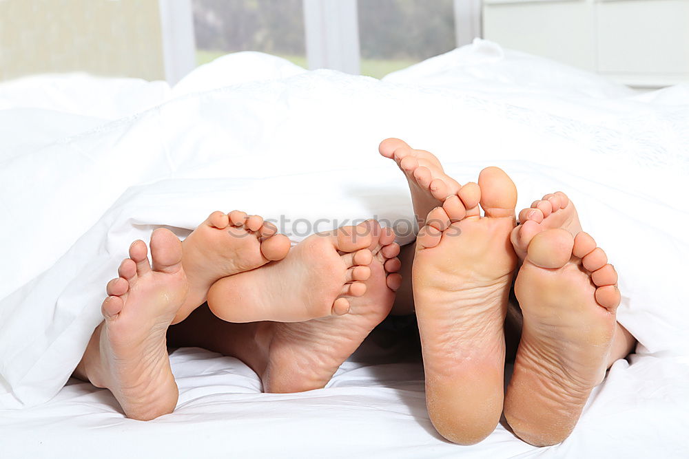 Similar – Image, Stock Photo close up feet of a couple under the white sheets blanket in bed,