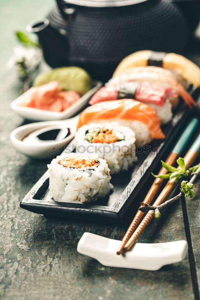 Similar – Image, Stock Photo Sushi menu with summer rolls and miso soup