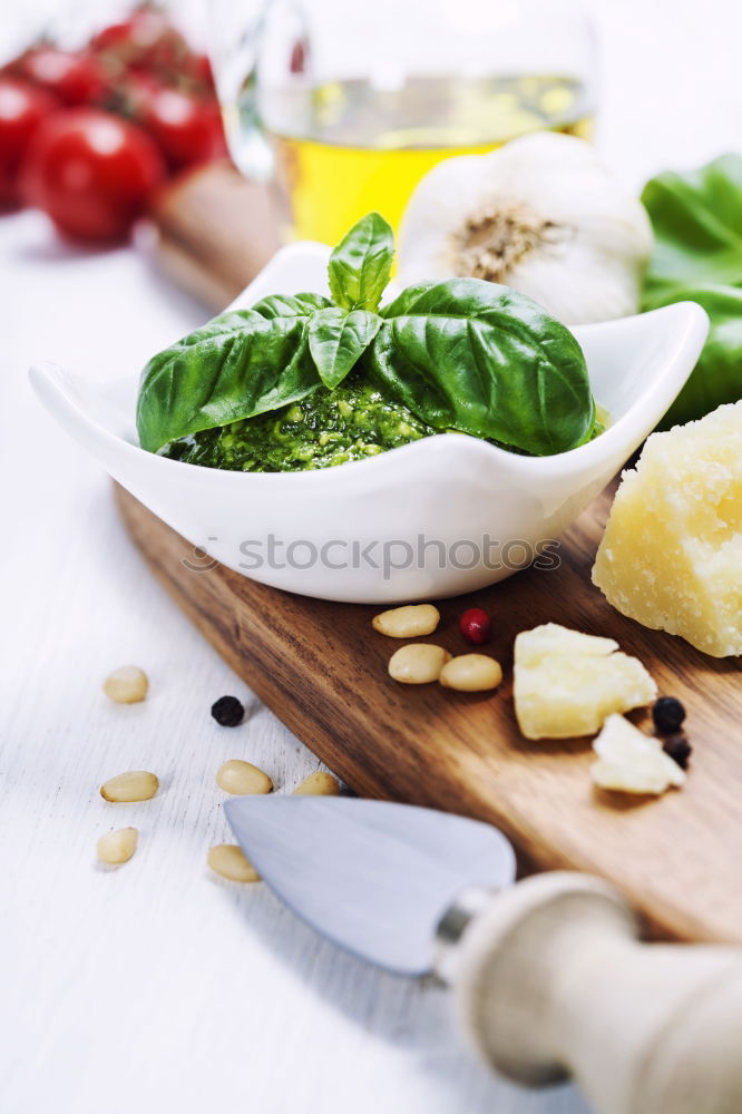 Similar – Image, Stock Photo Italian cheese burrata with bread, vegetables and herbs