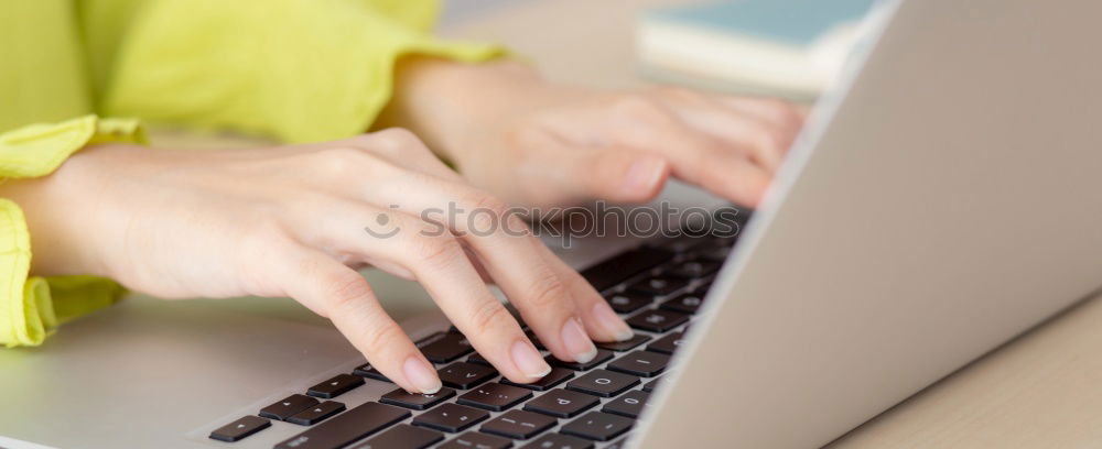 Similar – Image, Stock Photo Working with laptop, in office or at home, hands, fingers on keyboard, coffee cup