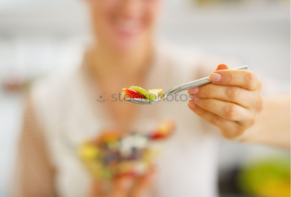 Similar – Image, Stock Photo woman close up eating oat and fruits bowl for breakfast