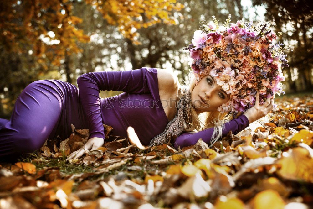 Similar – Image, Stock Photo Beautiful sexy lovely young girl lying on golden autumn leaves, covered with colorful autumnal leaves, in the park, with smile in the face.