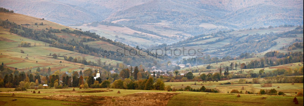 Image, Stock Photo autumn panorama in mountain hills. Village in October valley