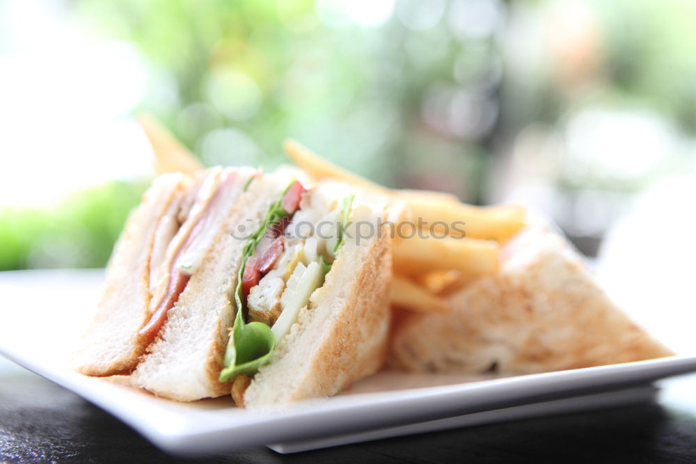 Similar – Image, Stock Photo Fresh healthy sandwich with bread, ham and vegetables.