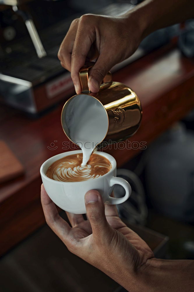 Similar – Image, Stock Photo Barista pouring hot milk prepare latte art on cup of coffee